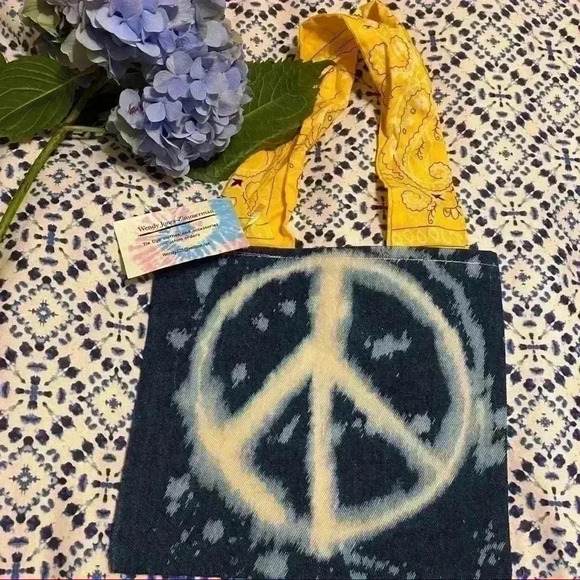 Handbags - New. Handmade denim tote bag boho peace sign